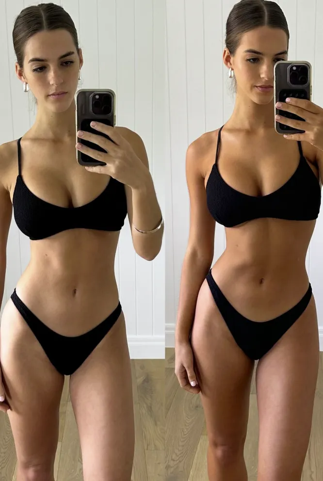 Real Glowtoure client full-body spray tan before and after